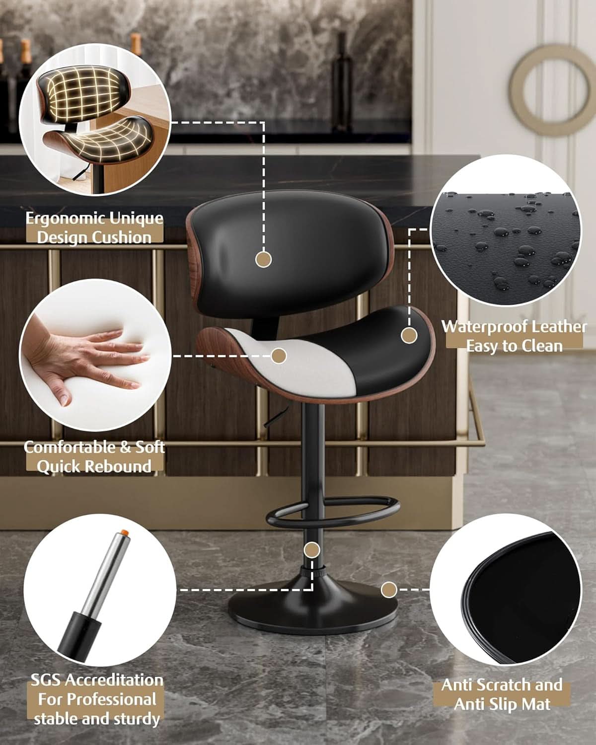 Set Of 2 Adjustable Swivel Bar Stools For Kitchen Island Black