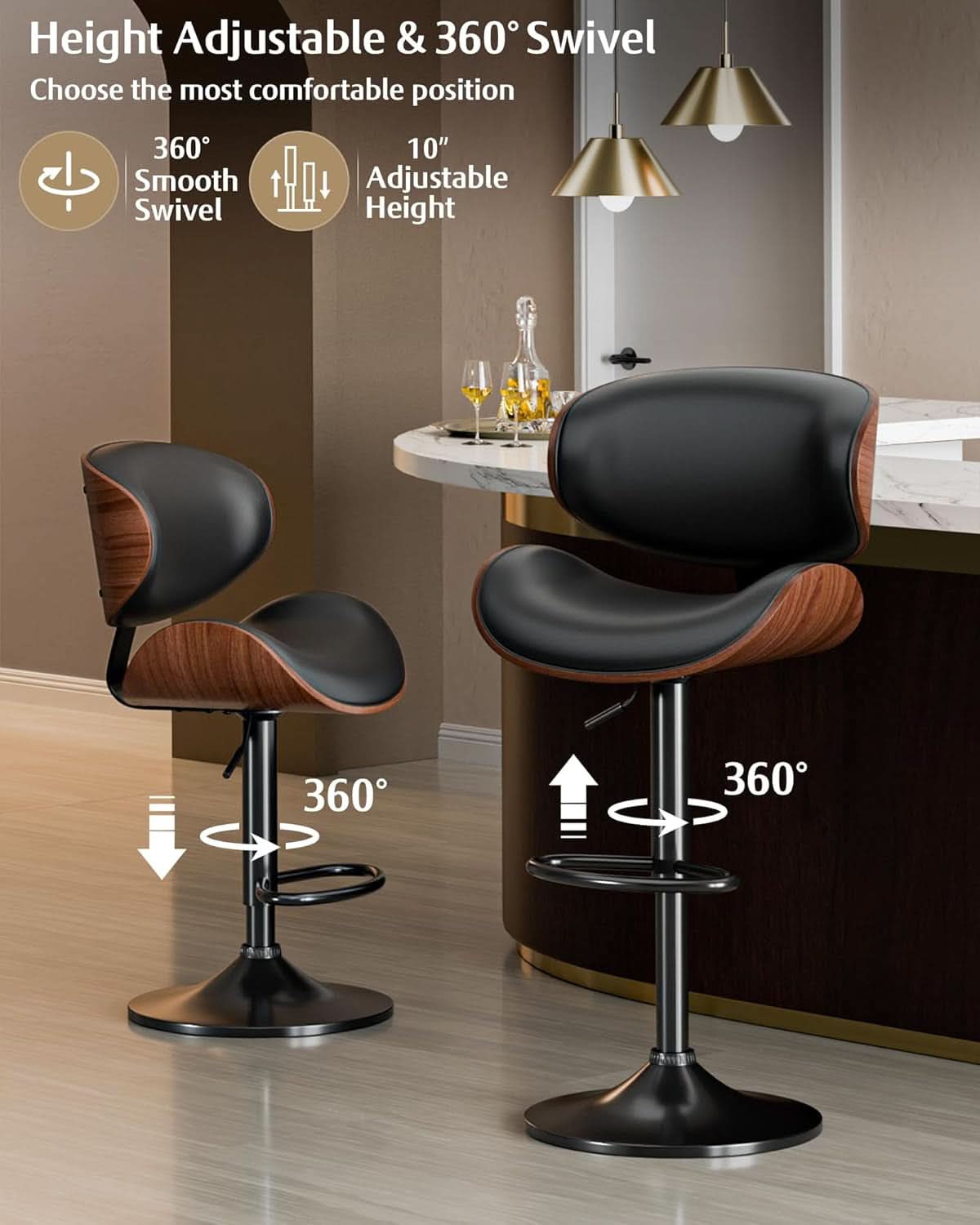 Set Of 2 Adjustable Swivel Bar Stools For Kitchen Island Black