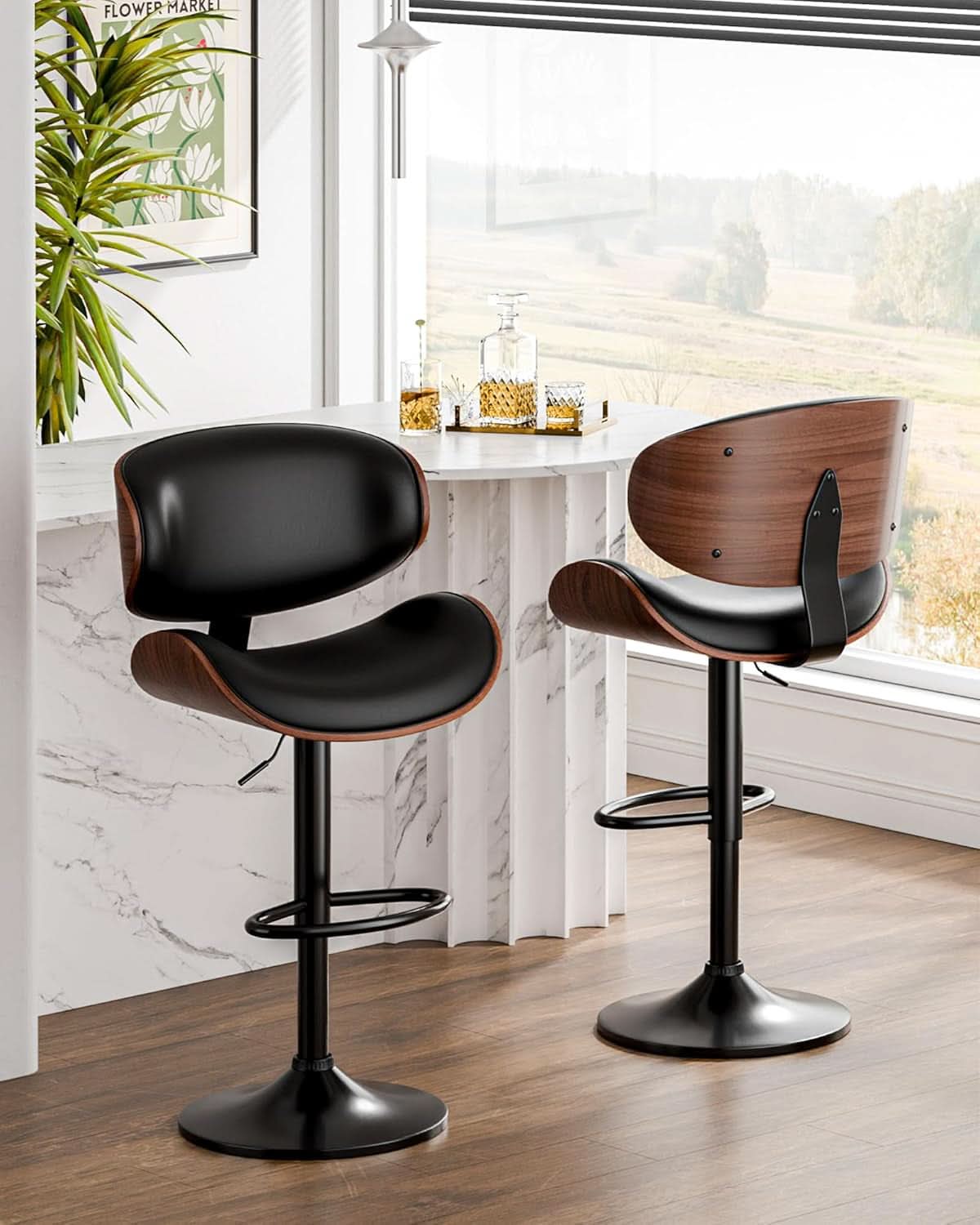Set Of 2 Adjustable Swivel Bar Stools For Kitchen Island Black