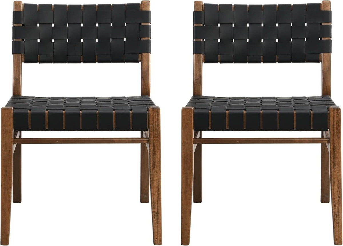 Set Of 2 Armless Dining Chairs With Rope Weave PU Leather Walnut Black