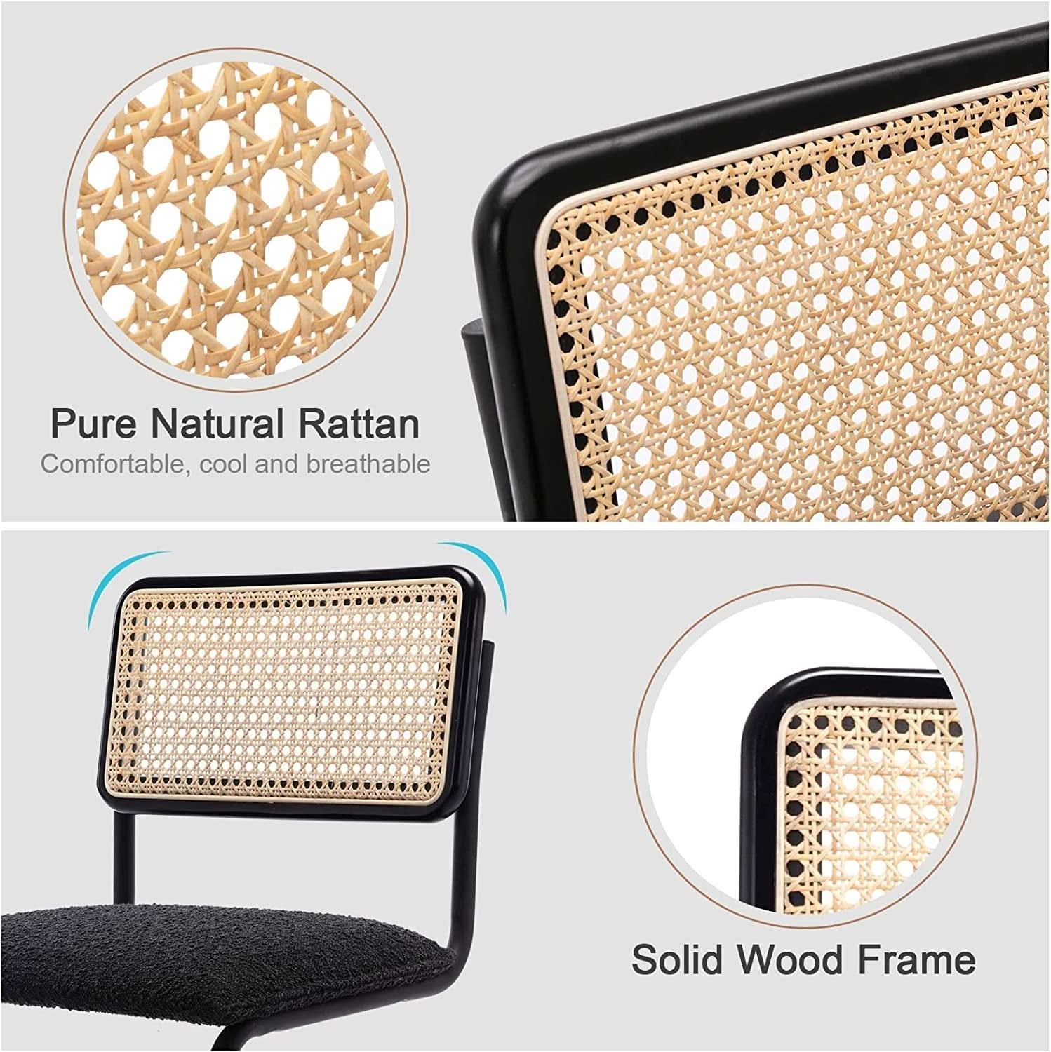 Set Of 2 Black Rattan Dining Chairs With Wood Frame