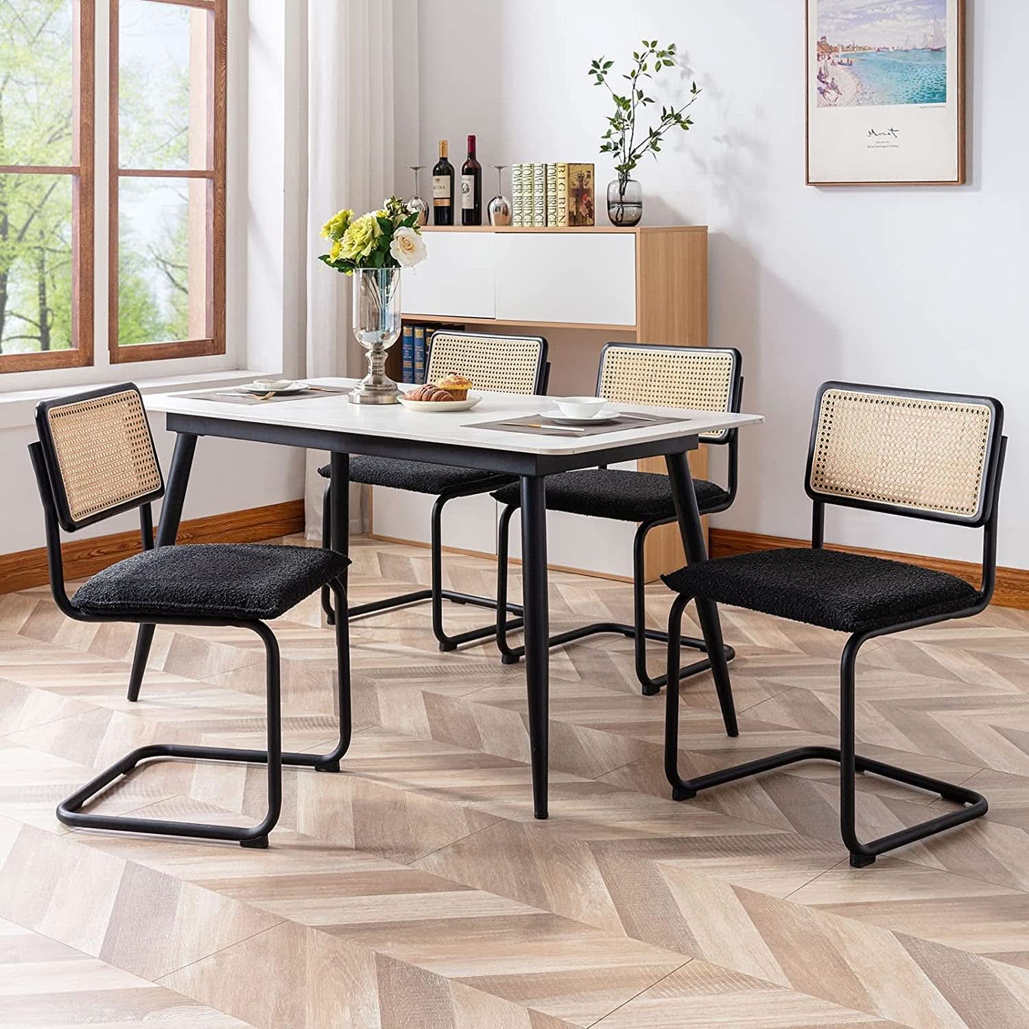 Set Of 2 Black Rattan Dining Chairs With Wood Frame