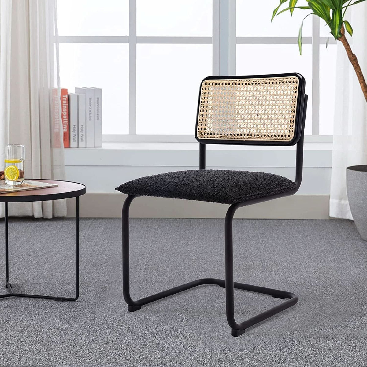 Set Of 2 Black Rattan Dining Chairs With Wood Frame