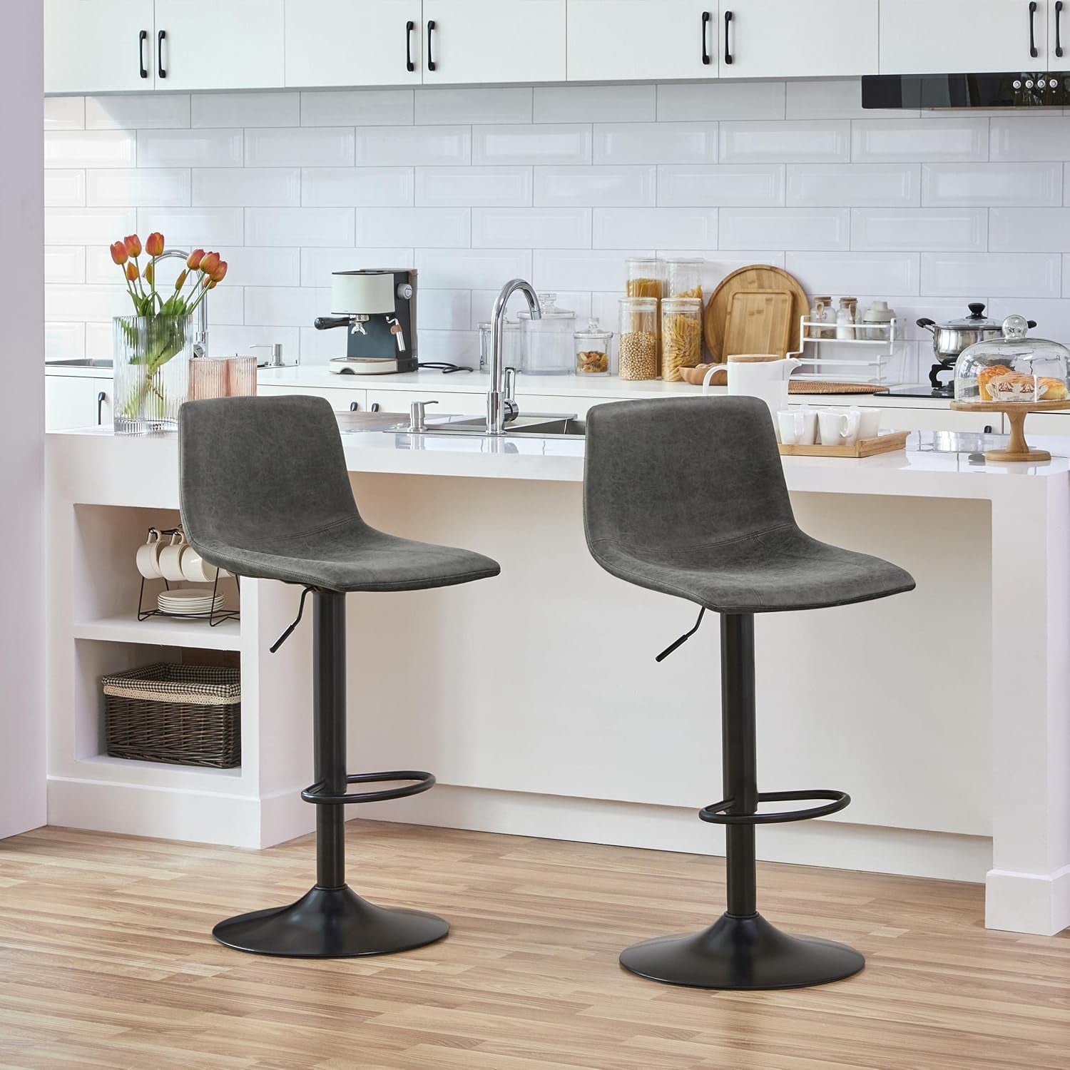 Set Of 2 Gray Adjustable Bar Stools With Back And Footrest