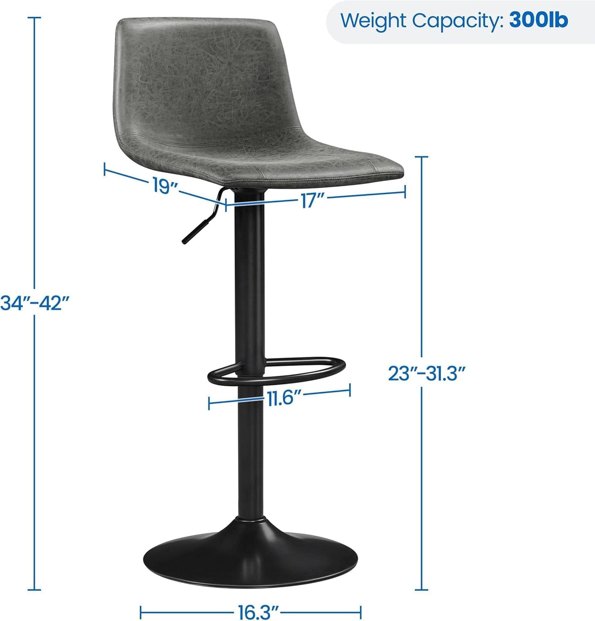 Set Of 2 Gray Adjustable Bar Stools With Back And Footrest