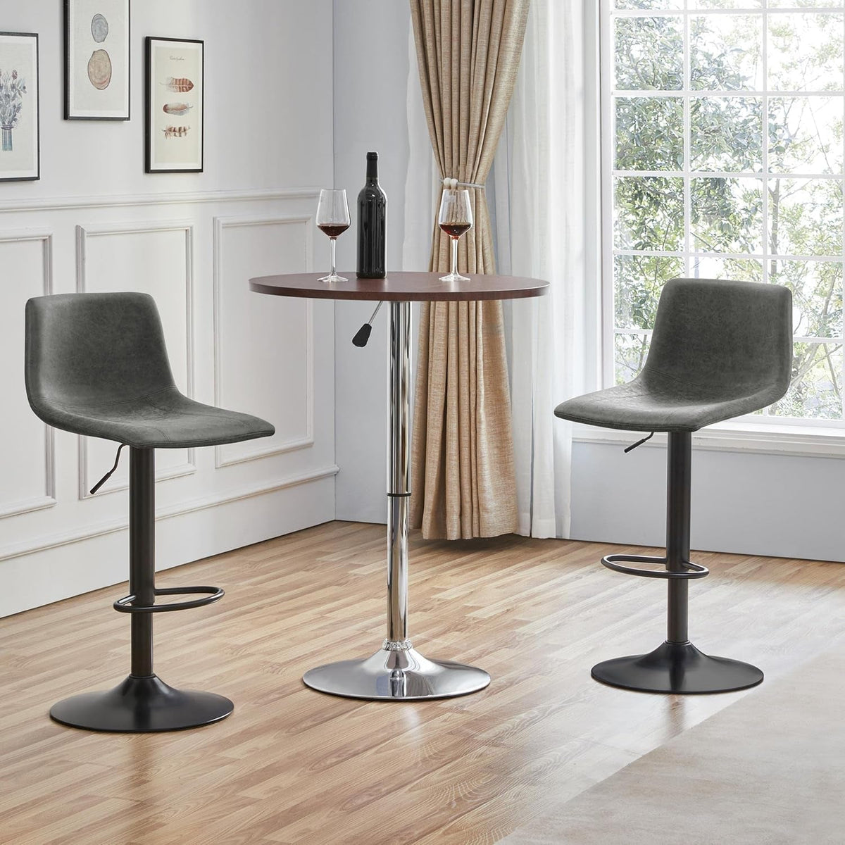 Set Of 2 Gray Adjustable Bar Stools With Back And Footrest