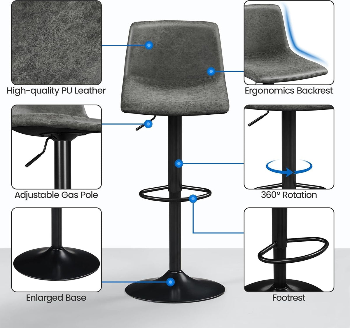 Set Of 2 Gray Adjustable Bar Stools With Back And Footrest