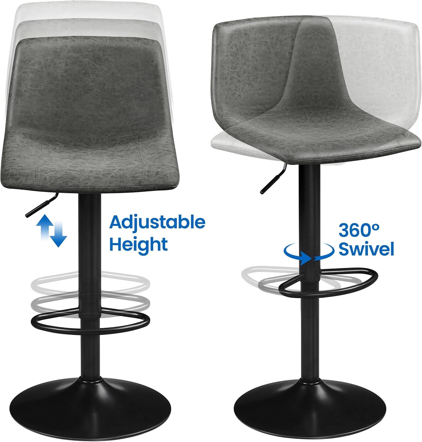 Set Of 2 Gray Adjustable Bar Stools With Back And Footrest