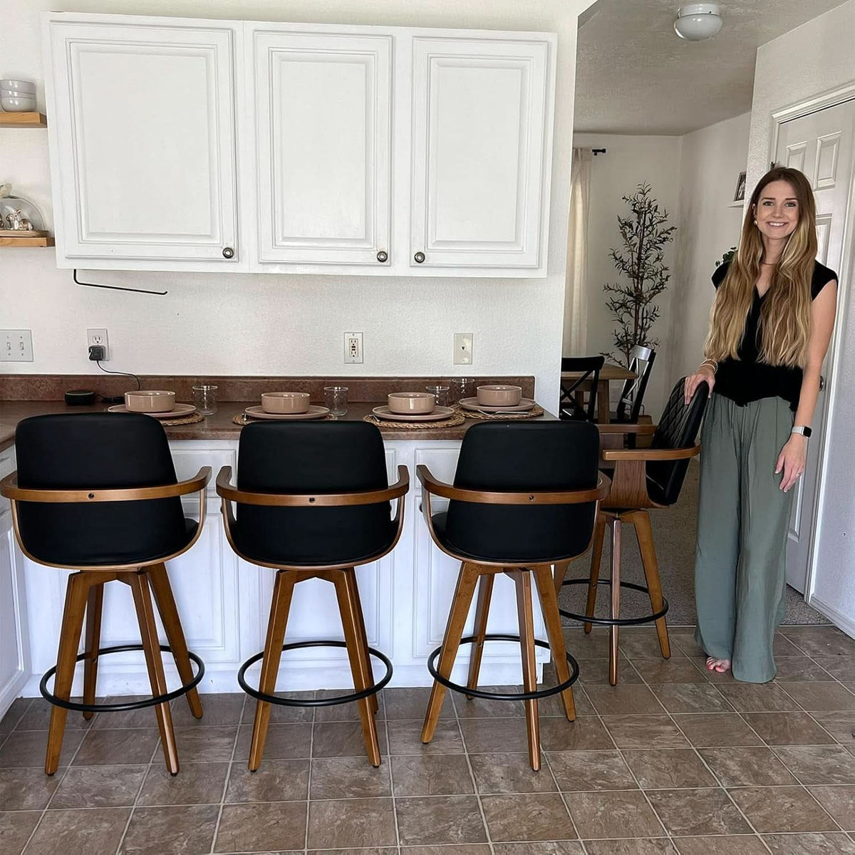 Set Of 2 Green Swivel Bar Height Stools For Kitchen Island
