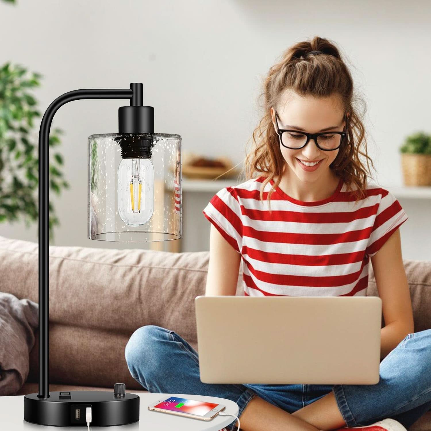 Set Of 2 Industrial Table Lamps With USB Ports And Stepless Dimming
