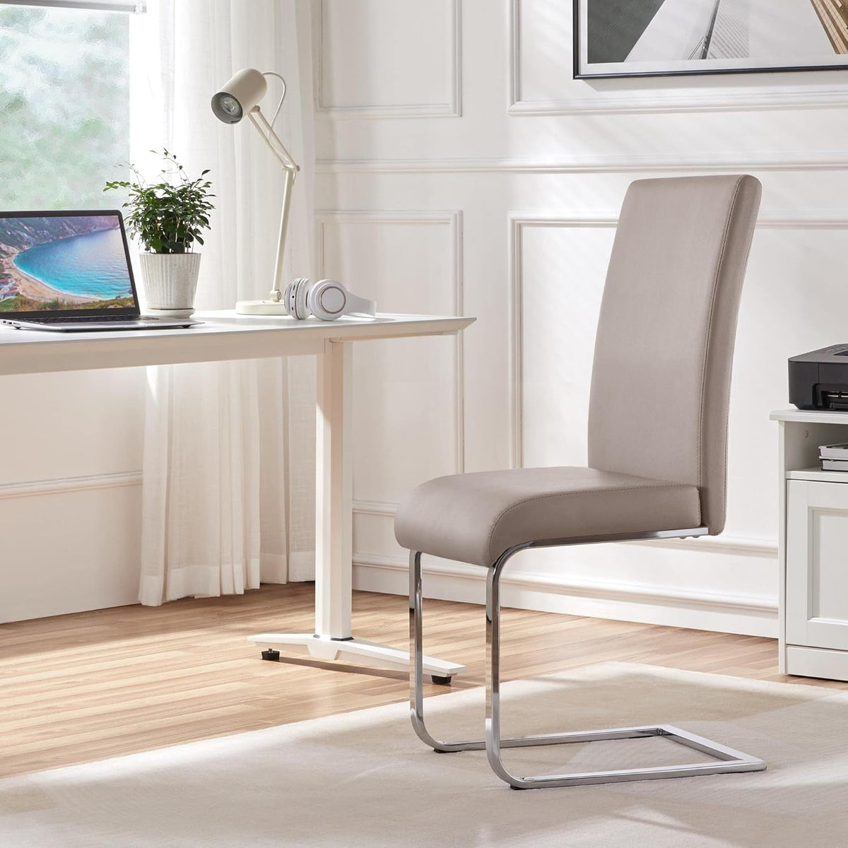 Set Of 2 Light Brown High Back Modern Dining Chairs