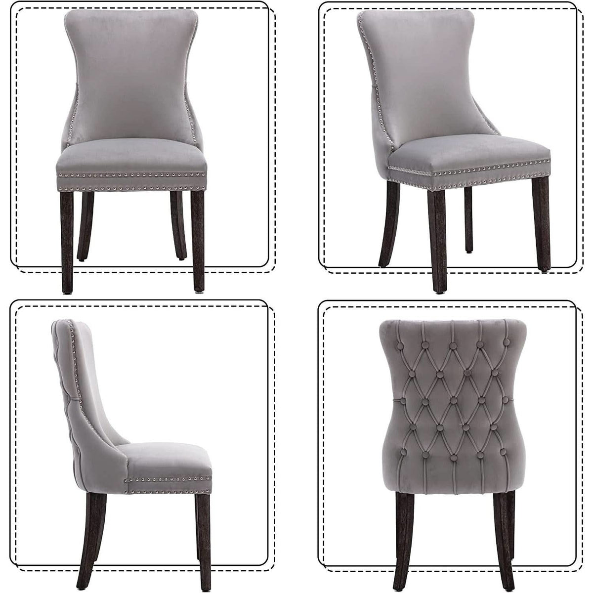 Set Of 2 Light Gray Velvet Tufted Wingback Dining Chairs Nailhead