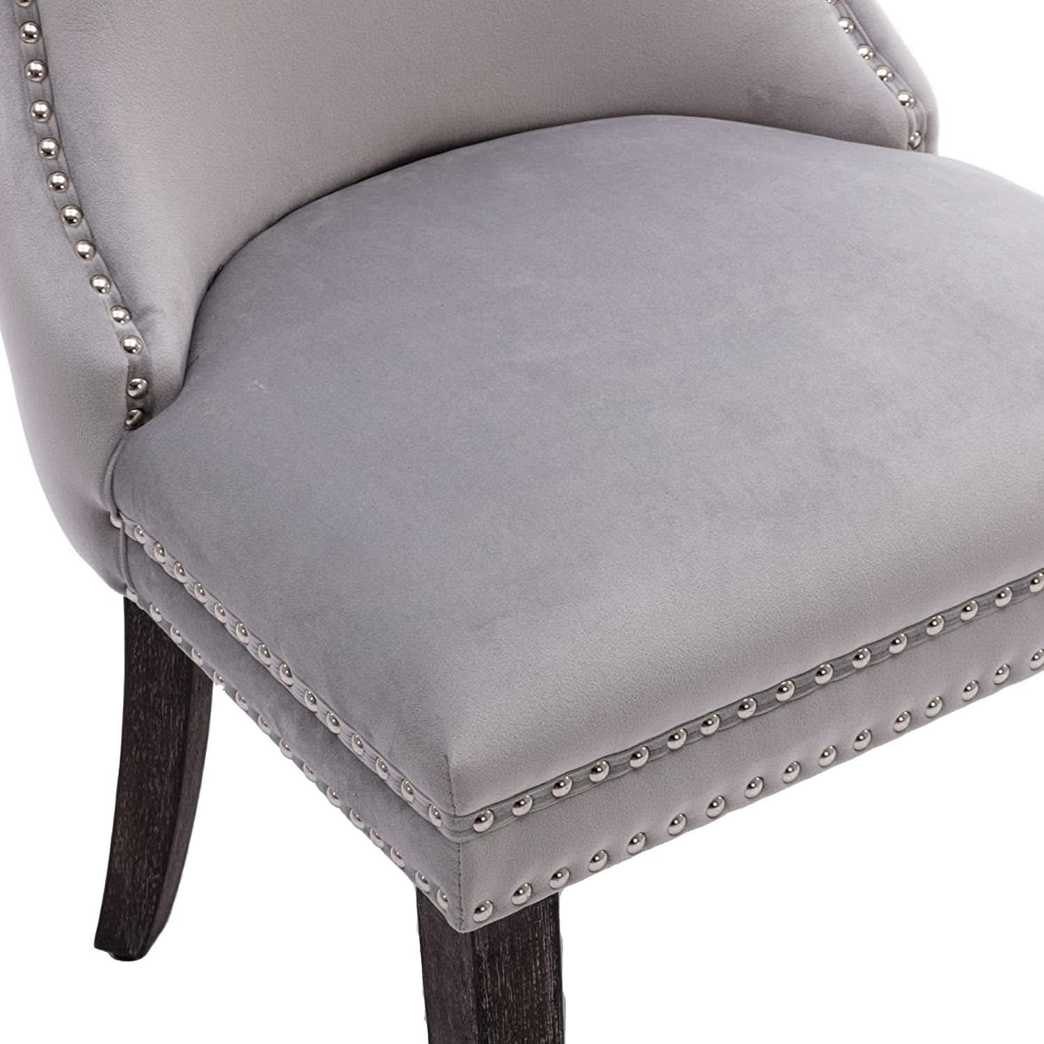 Set Of 2 Light Gray Velvet Tufted Wingback Dining Chairs Nailhead