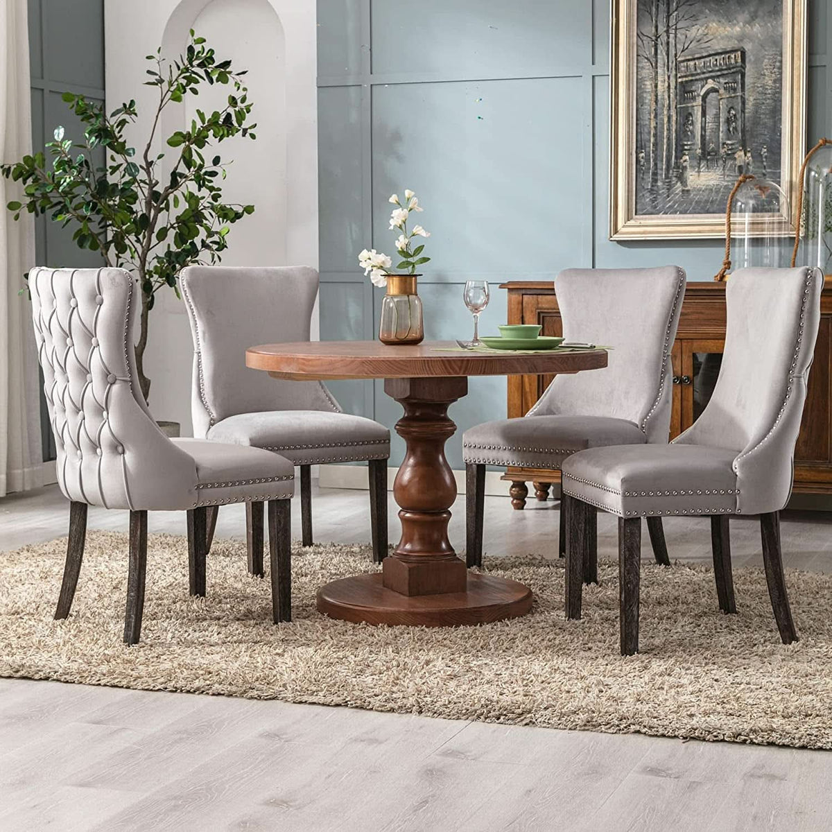 Set Of 2 Light Gray Velvet Tufted Wingback Dining Chairs Nailhead