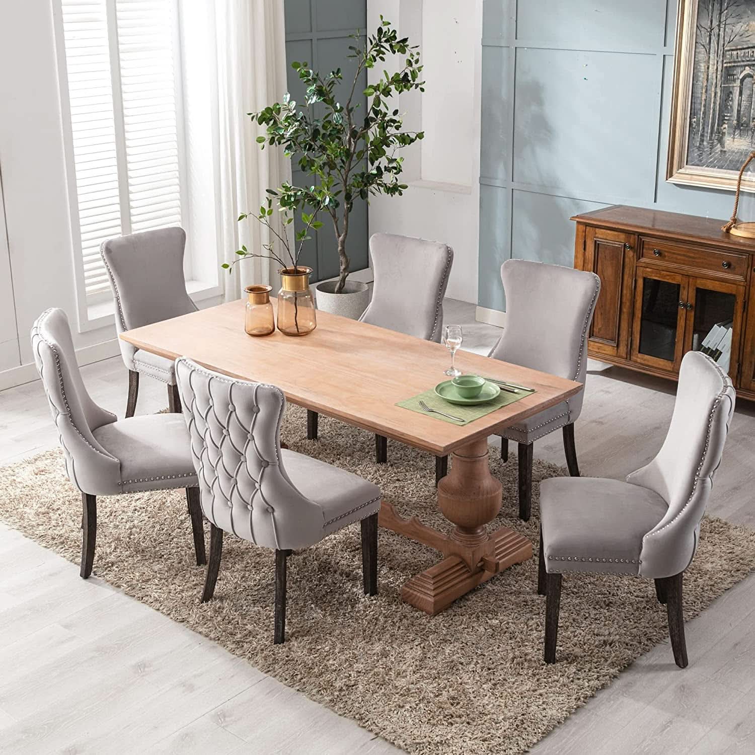 Set Of 2 Light Gray Velvet Tufted Wingback Dining Chairs Nailhead