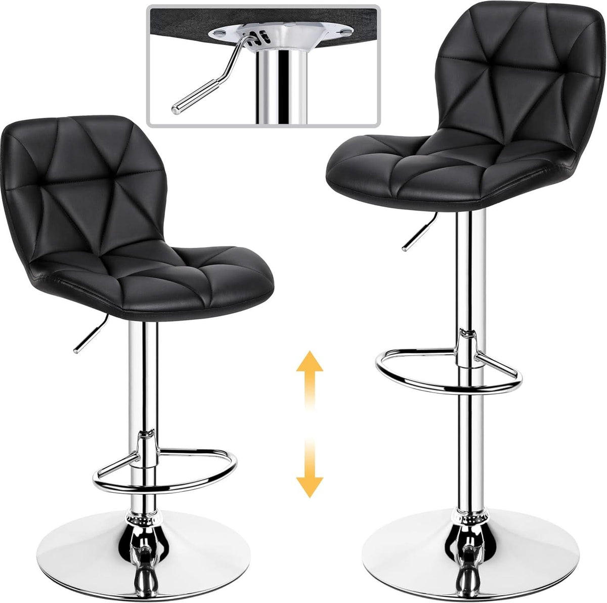 Set Of 2 Modern Adjustable Black PU Leather Bar Stools