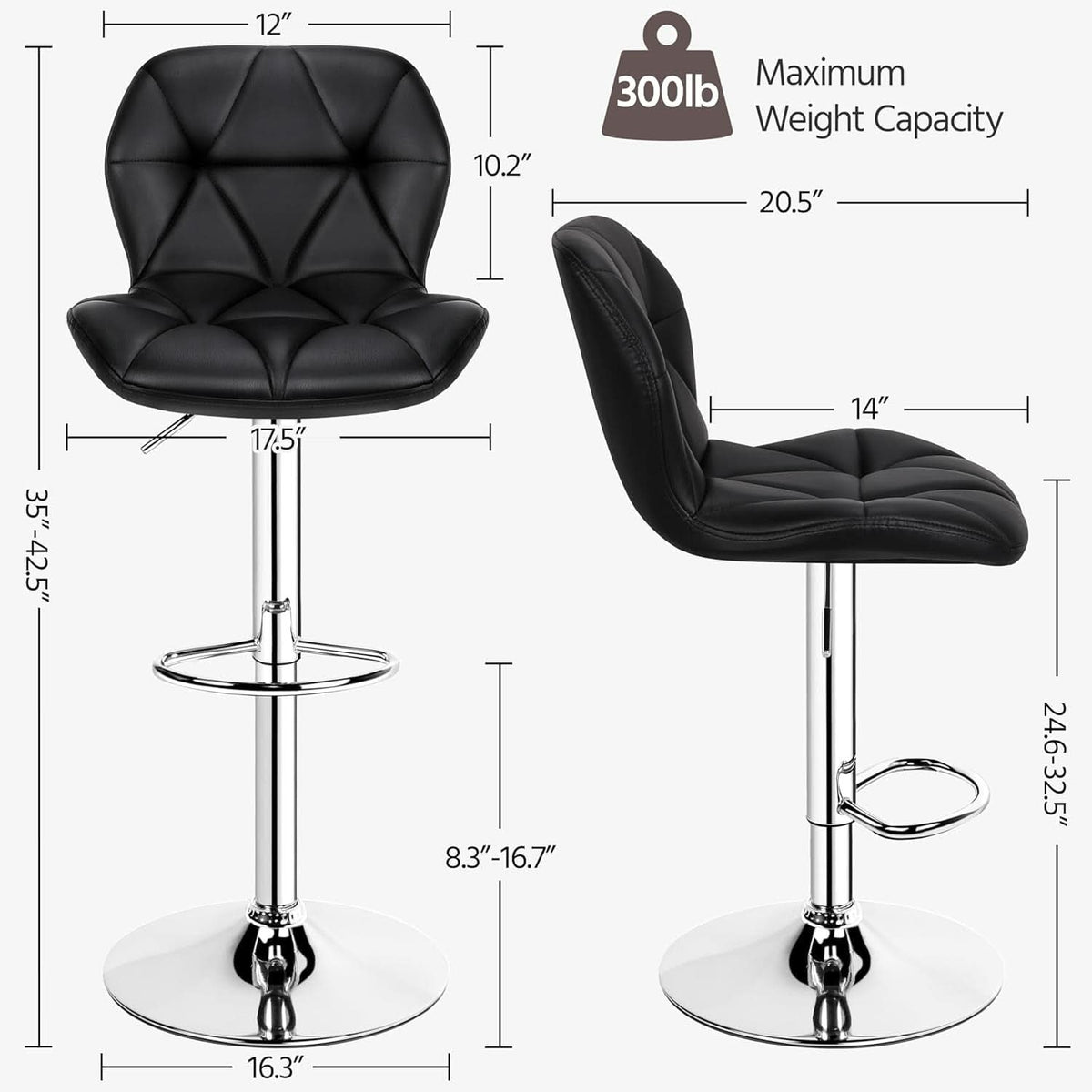 Set Of 2 Modern Adjustable Black PU Leather Bar Stools