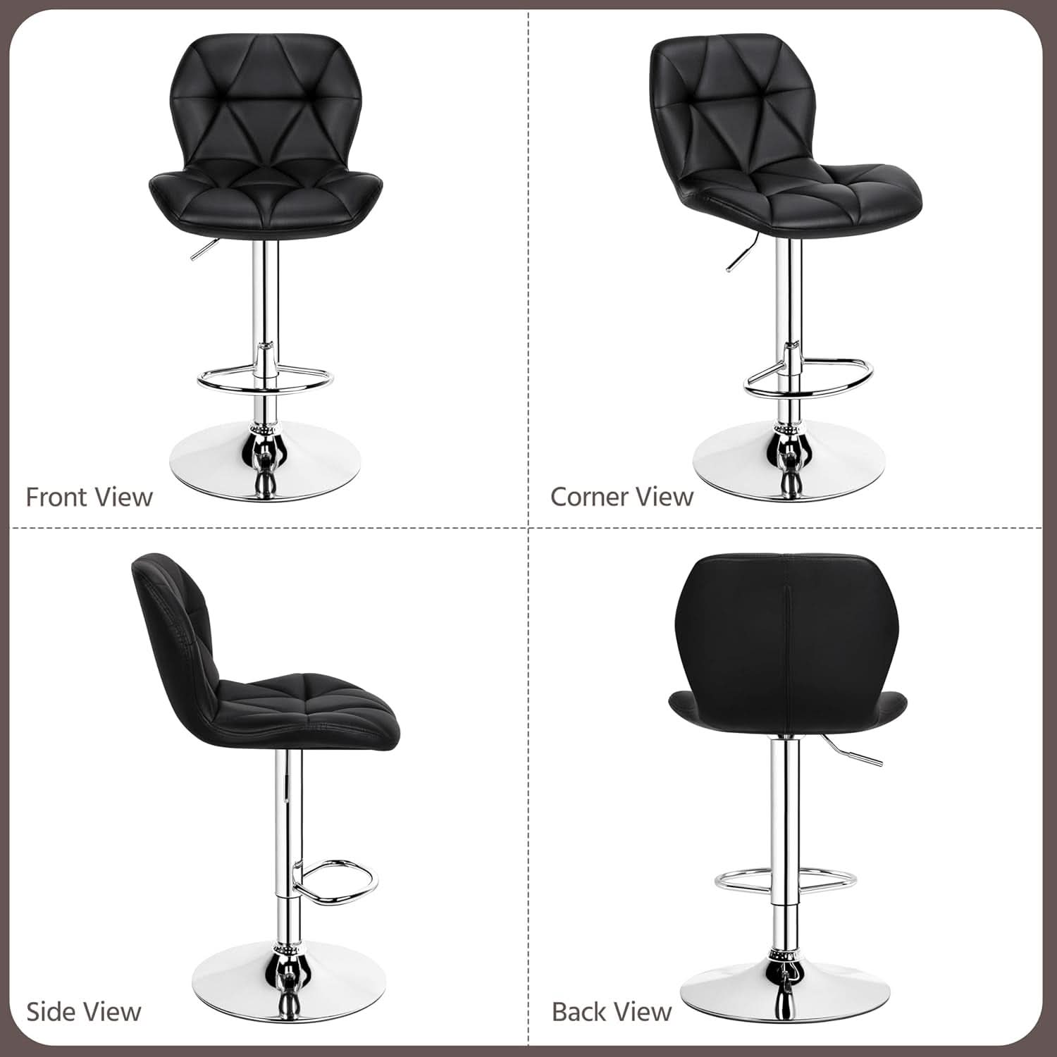 Set Of 2 Modern Adjustable Black PU Leather Bar Stools