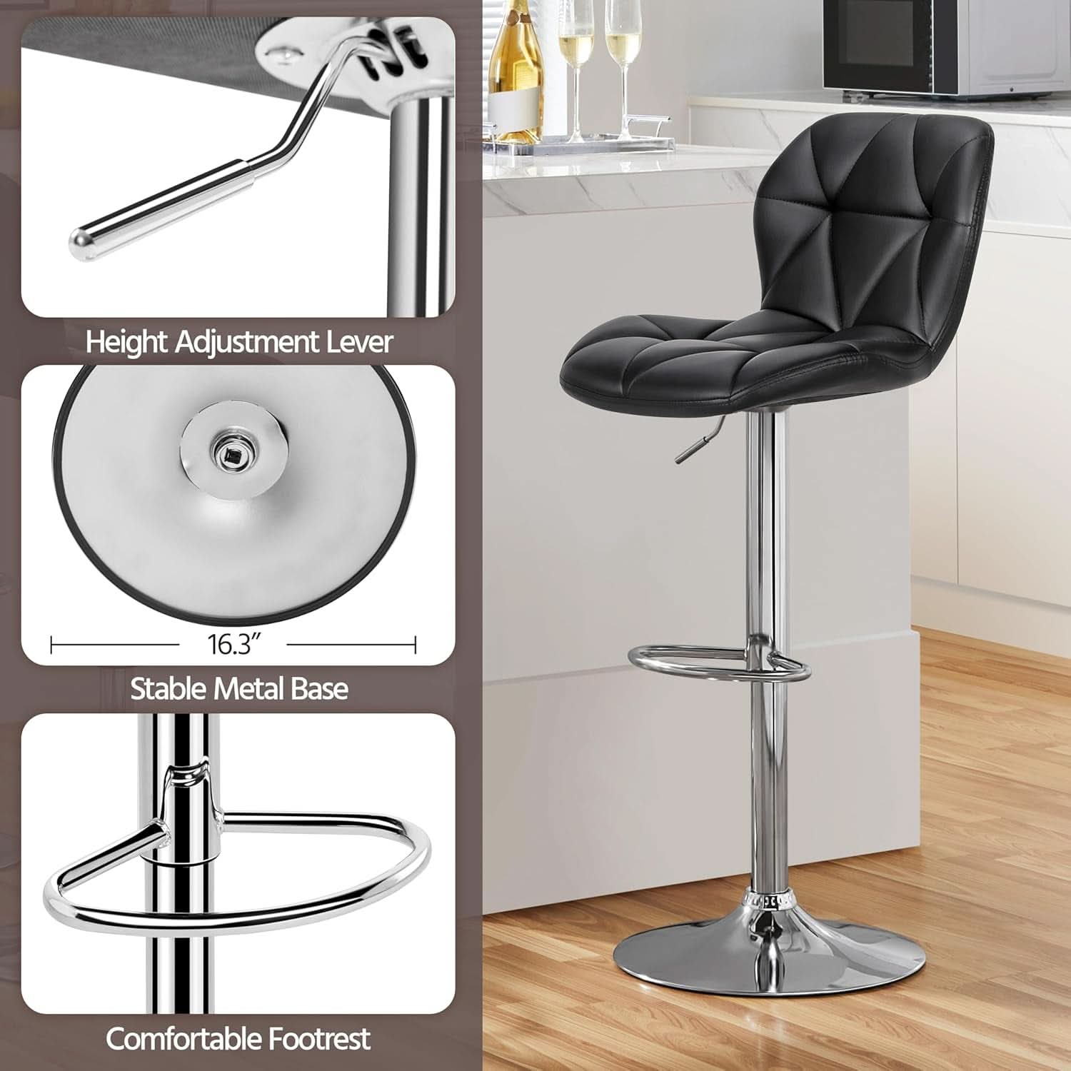 Set Of 2 Modern Adjustable Black PU Leather Bar Stools