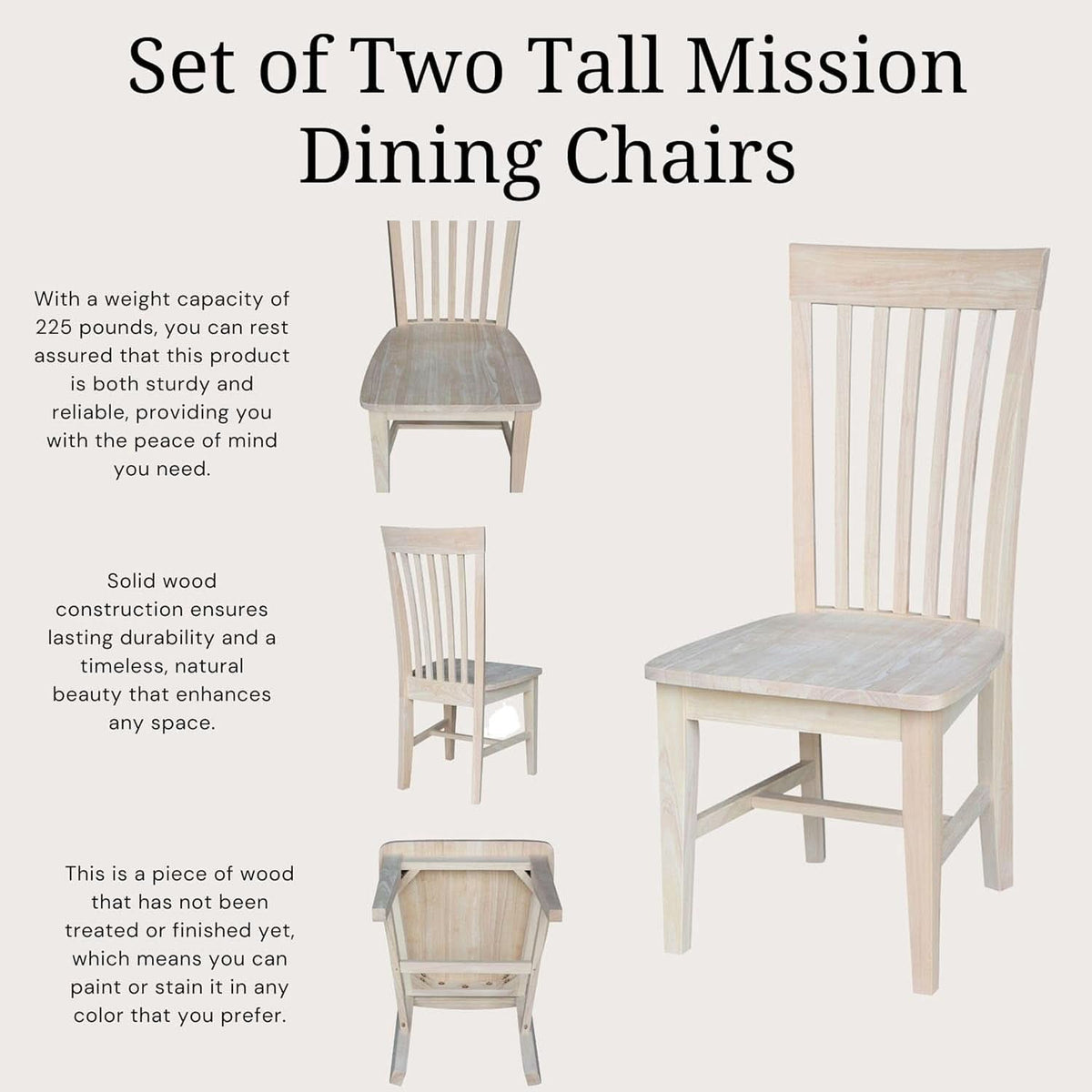 Set Of 2 Tall Mission Dining Chairs Unfinished Parawood