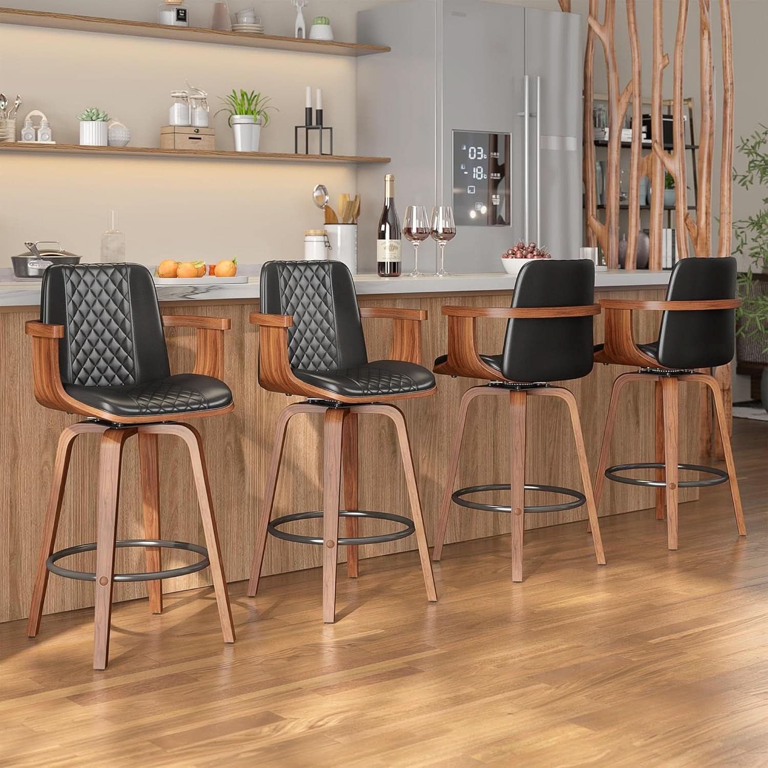 Set Of 3 26 Inch Bar Stools Black PU Leather Upholstery