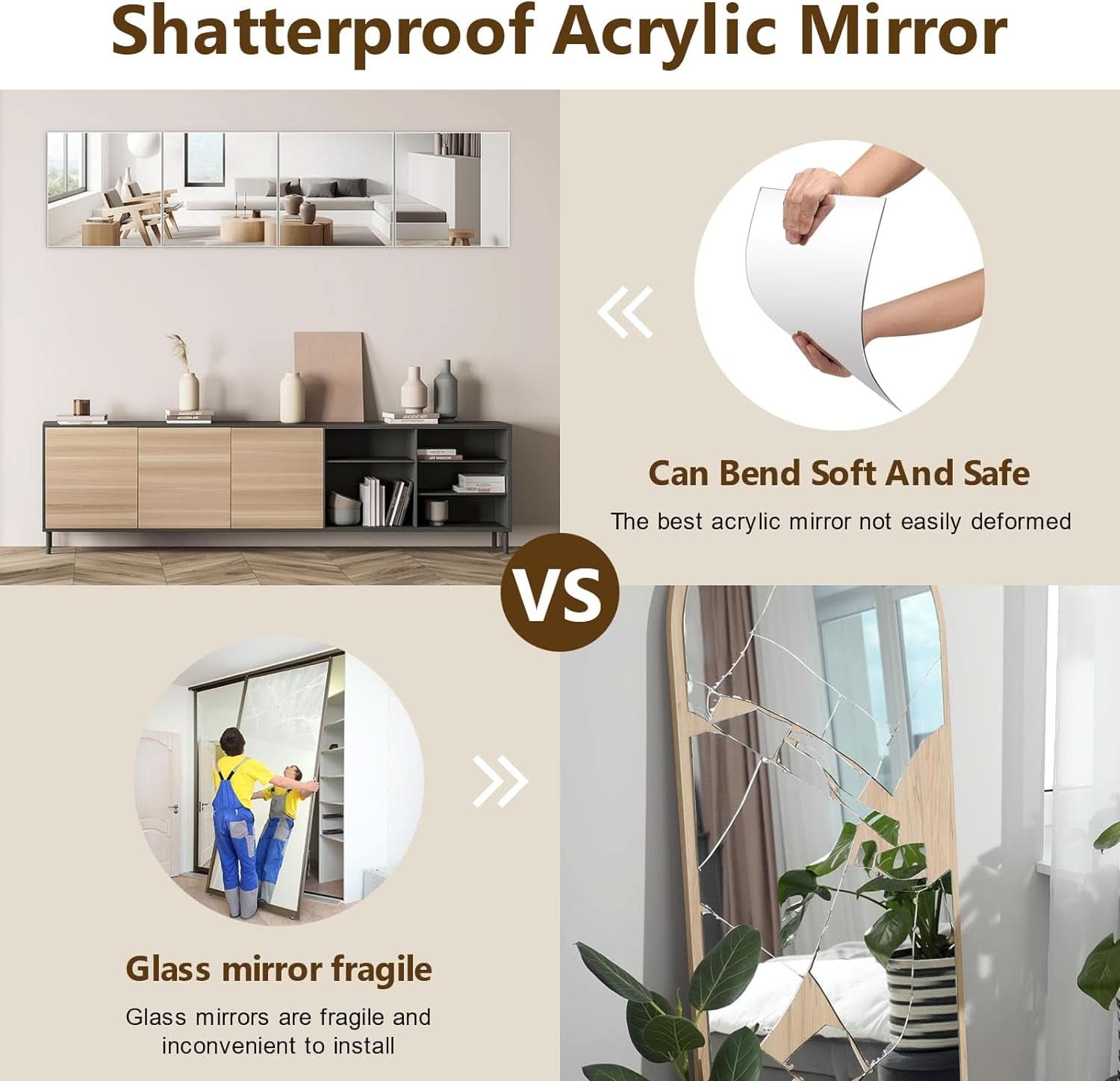 Set Of 4 12x12 Inch Acrylic Mirror Tiles For Wall Decor