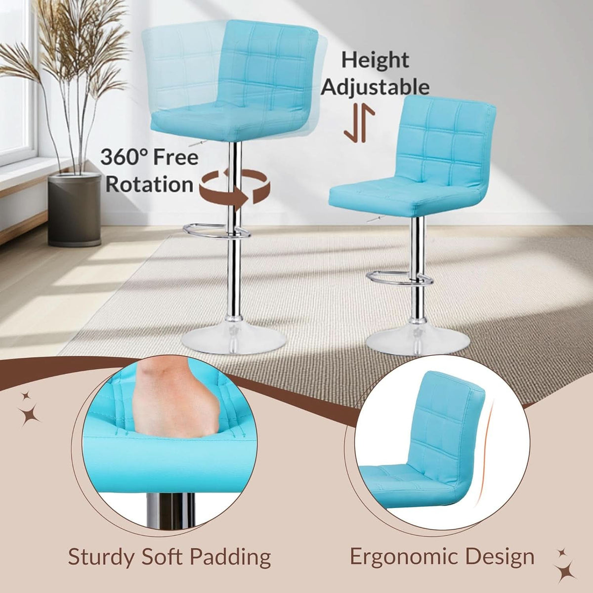 Set Of 4 Adjustable Swivel Bar Stools Blue PU Leather