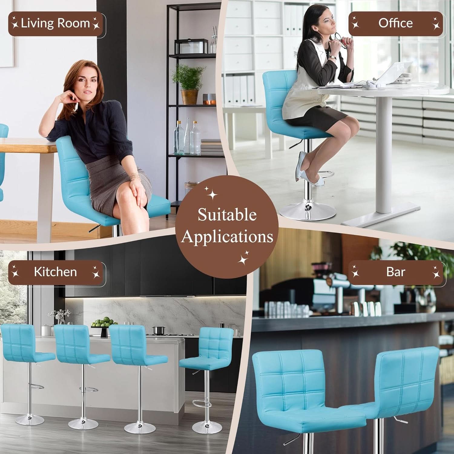 Set Of 4 Adjustable Swivel Bar Stools Blue PU Leather