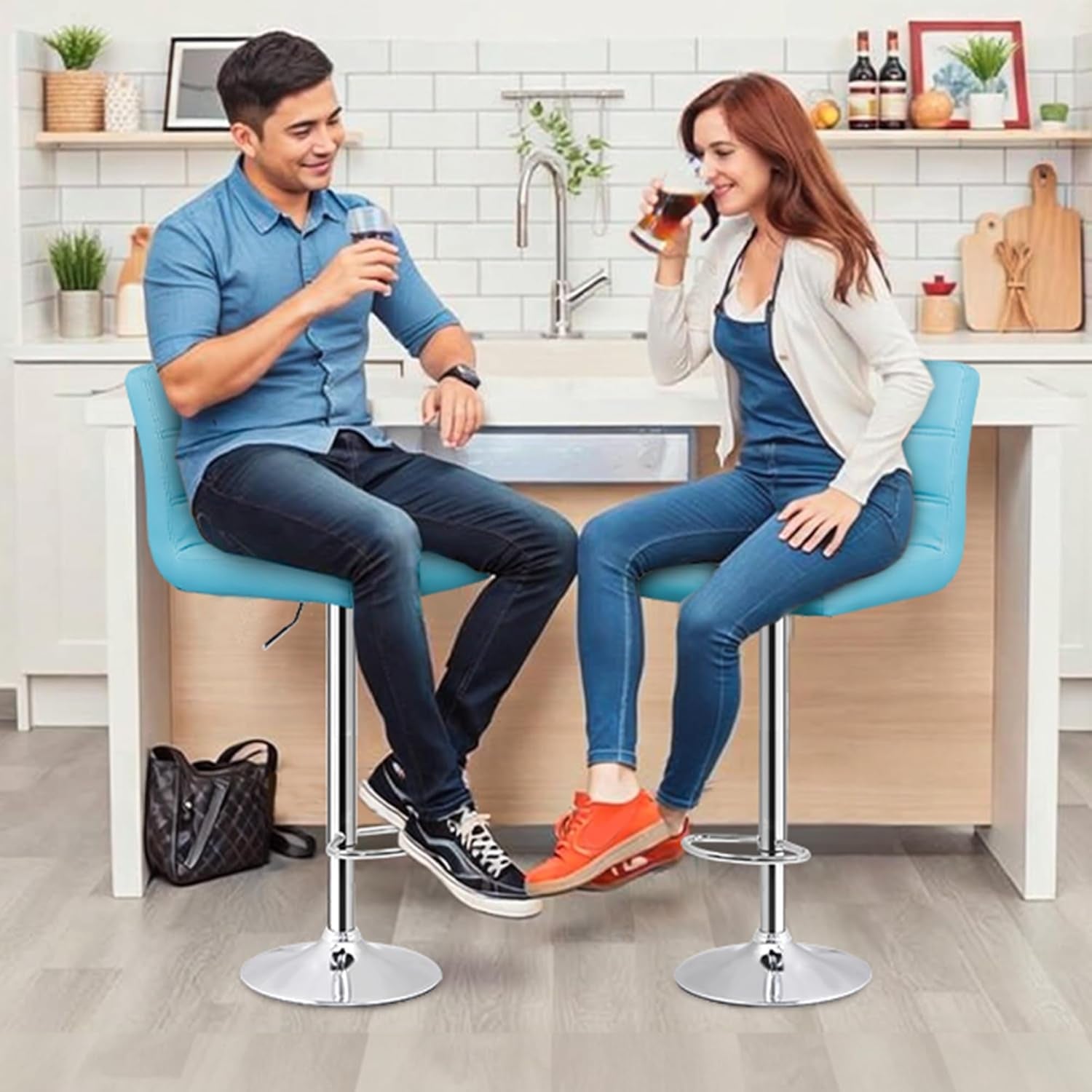 Set Of 4 Adjustable Swivel Bar Stools Blue PU Leather