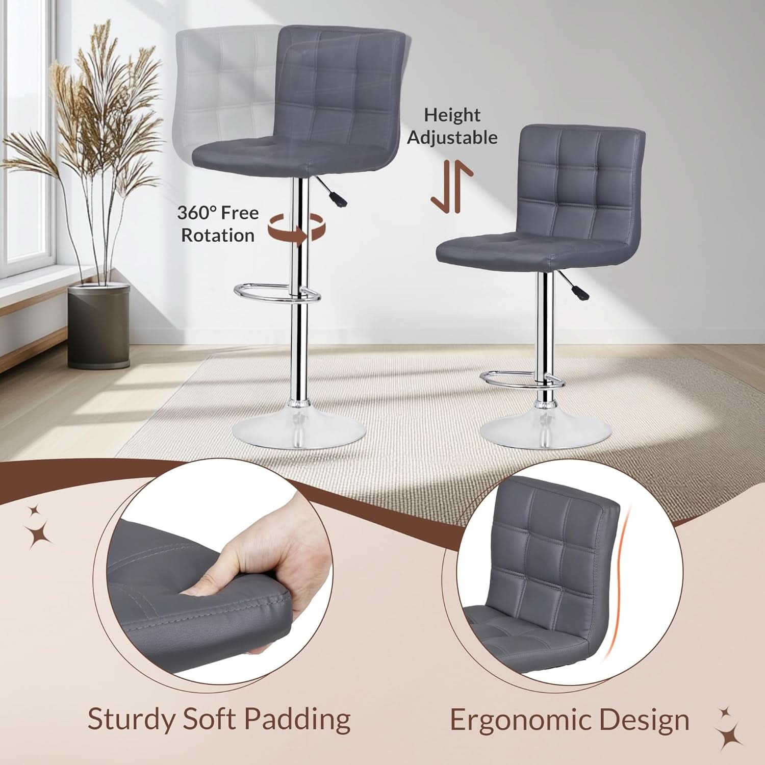 Set Of 4 Adjustable Swivel Barstools In Grey PU Leather