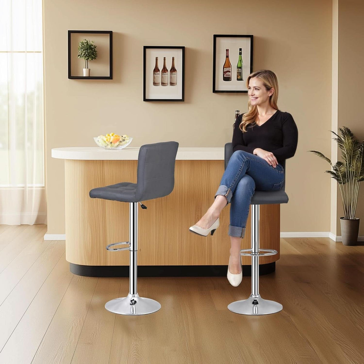 Set Of 4 Adjustable Swivel Barstools In Grey PU Leather
