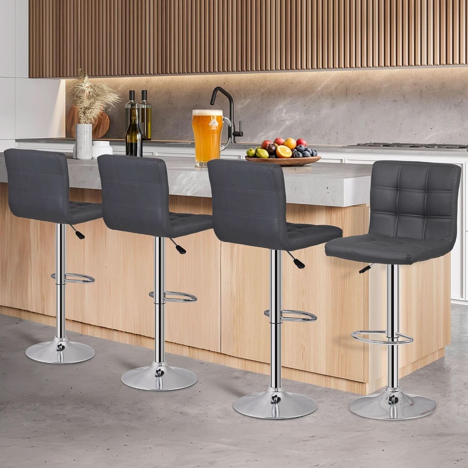 Set Of 4 Adjustable Swivel Barstools In Grey PU Leather