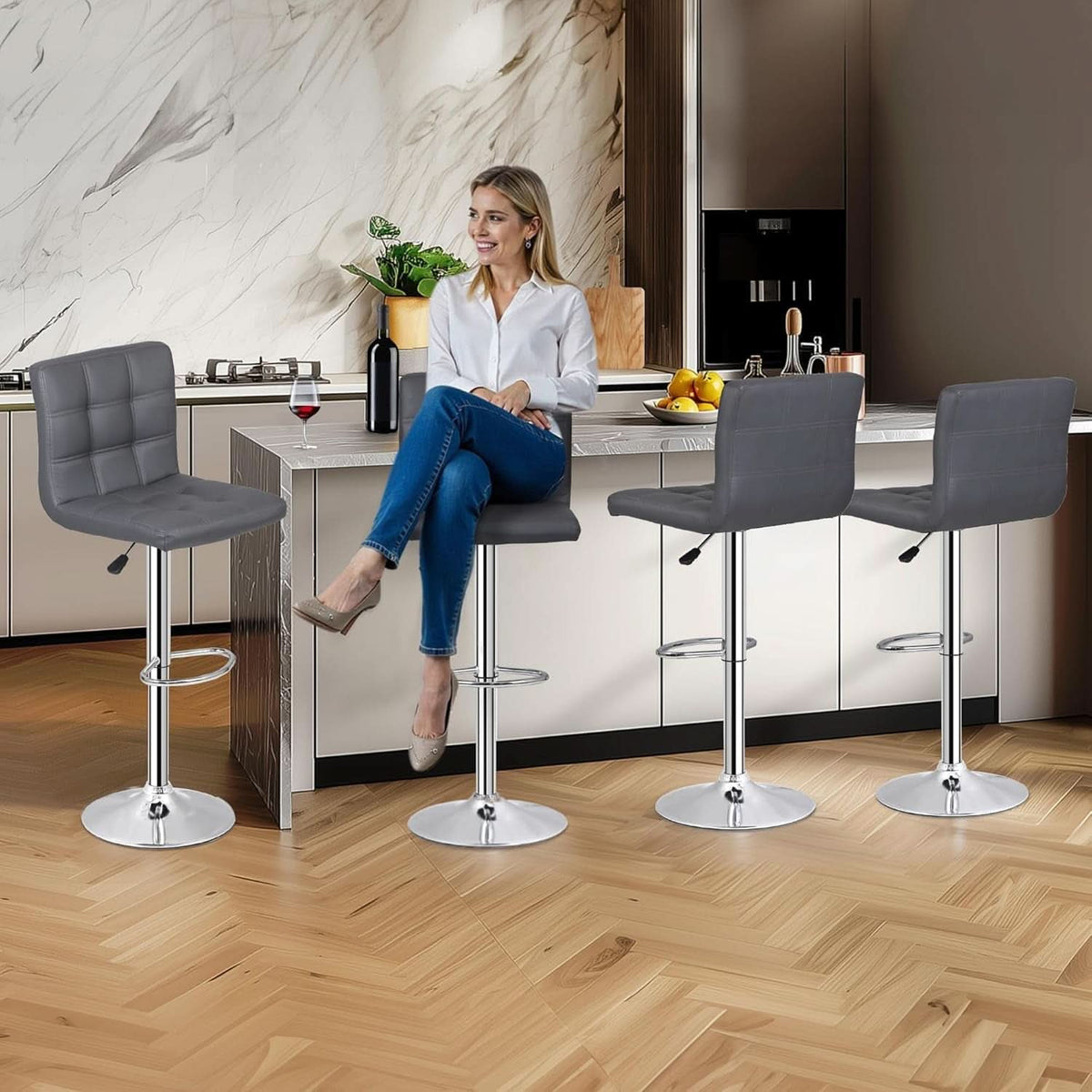 Set Of 4 Adjustable Swivel Barstools In Grey PU Leather