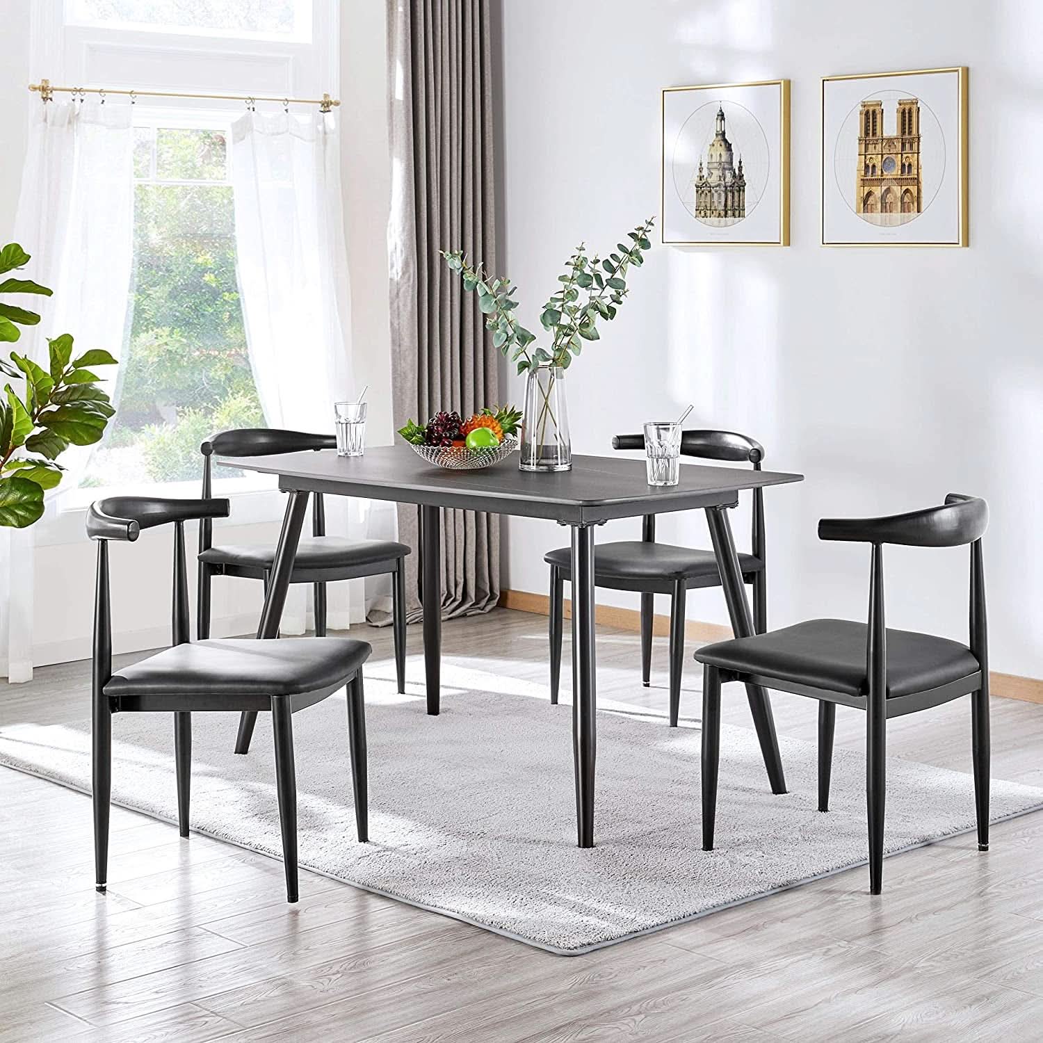 Set Of 4 Black Fabric Leather Seat Kitchen Chairs With Legs