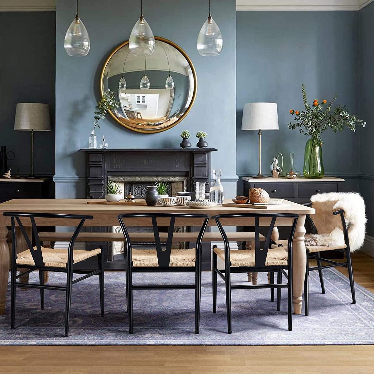 Set Of 4 Black Hemp Seat Mid Century Metal Dining Chairs
