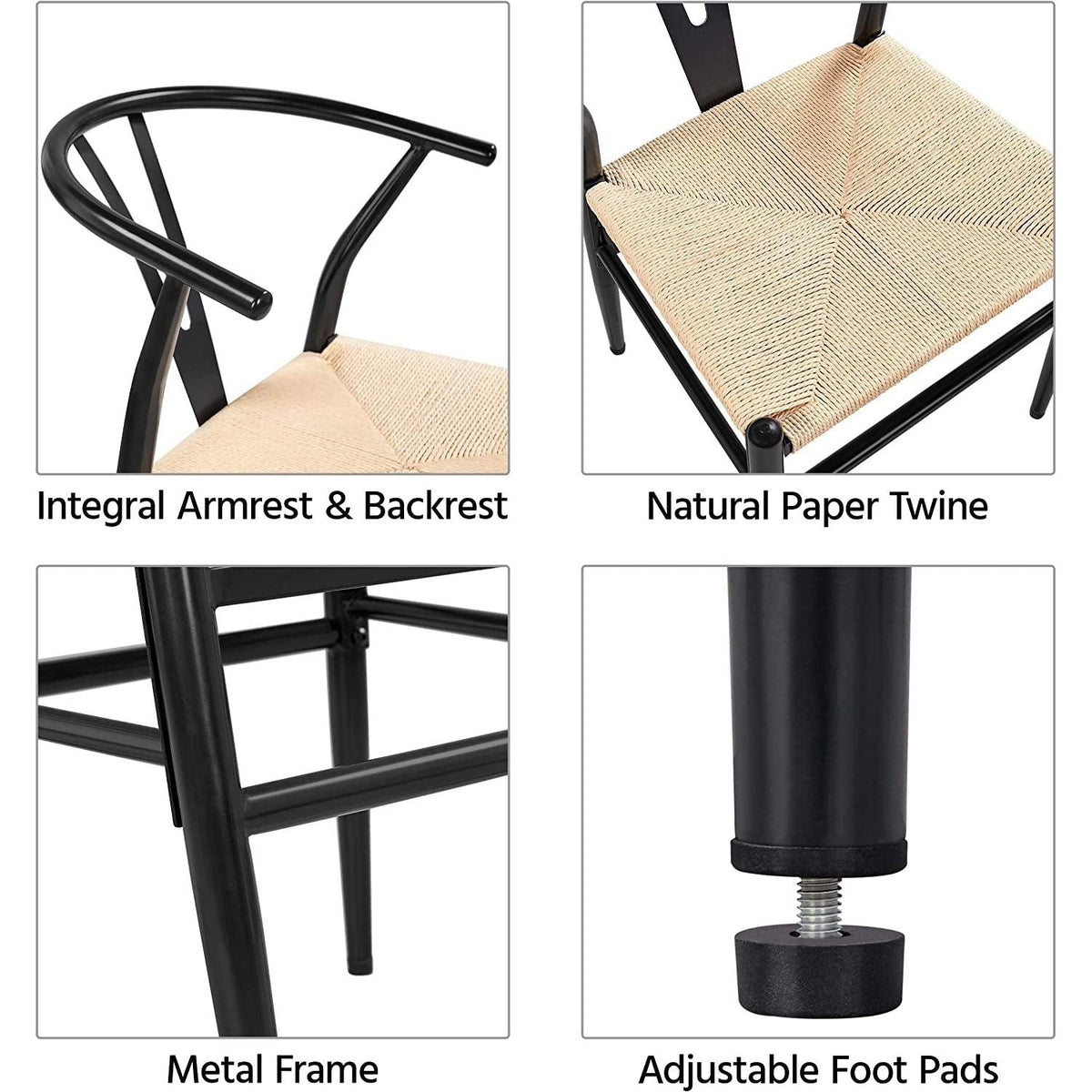 Set Of 4 Black Hemp Seat Mid Century Metal Dining Chairs