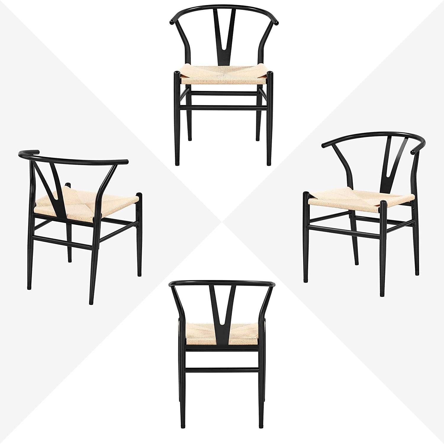 Set Of 4 Black Hemp Seat Mid Century Metal Dining Chairs