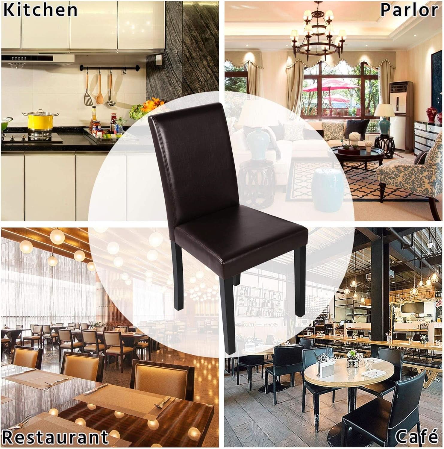 Set Of 4 Dark Brown PU Leather Dining Chairs With Wood Legs