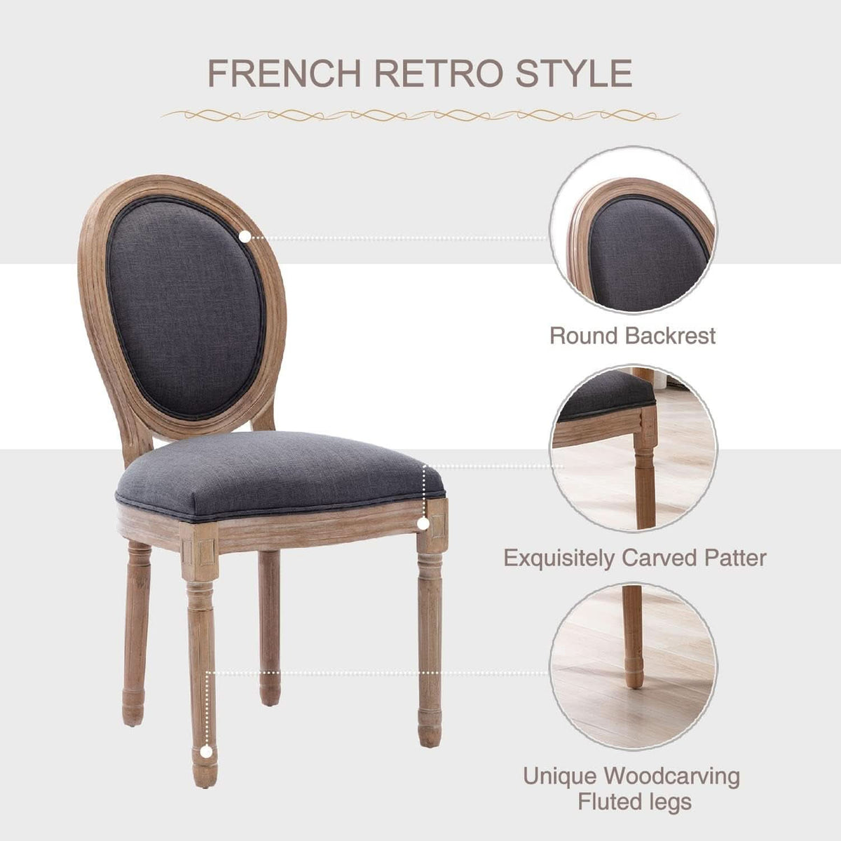 Set Of 4 French Vintage Dining Chairs Solid Wood Frame Tufted Fabric