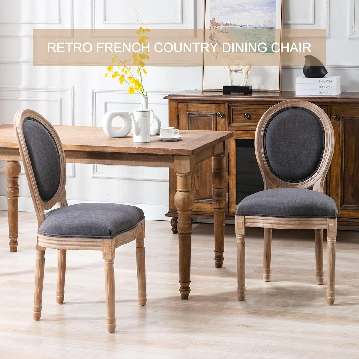 Set Of 4 French Vintage Dining Chairs Solid Wood Frame Tufted Fabric