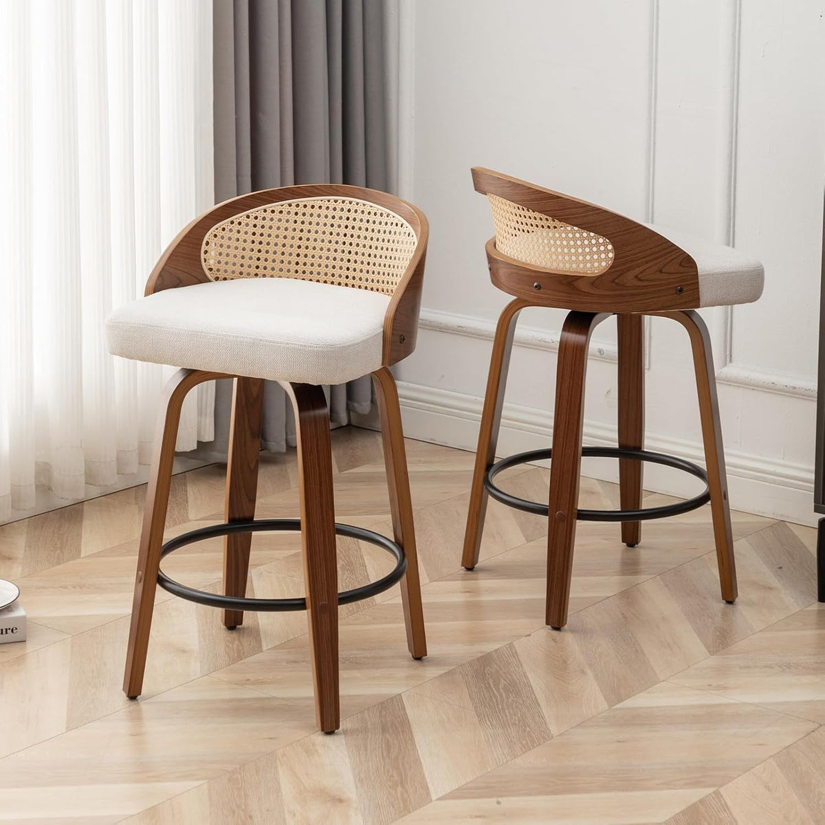 Set Of Two 25 Inch Beige Rattan Swivel Counter Stools With Linen Upholstery Mid Century Modern