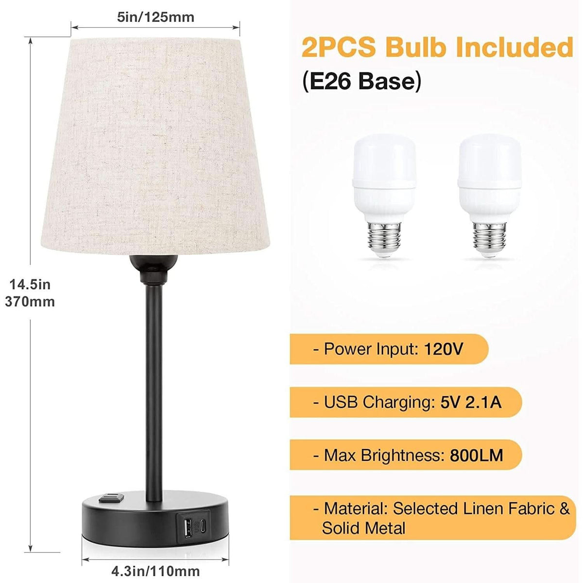 Set of 2 Mini Bedside Lamps With USB C And AC Outlets