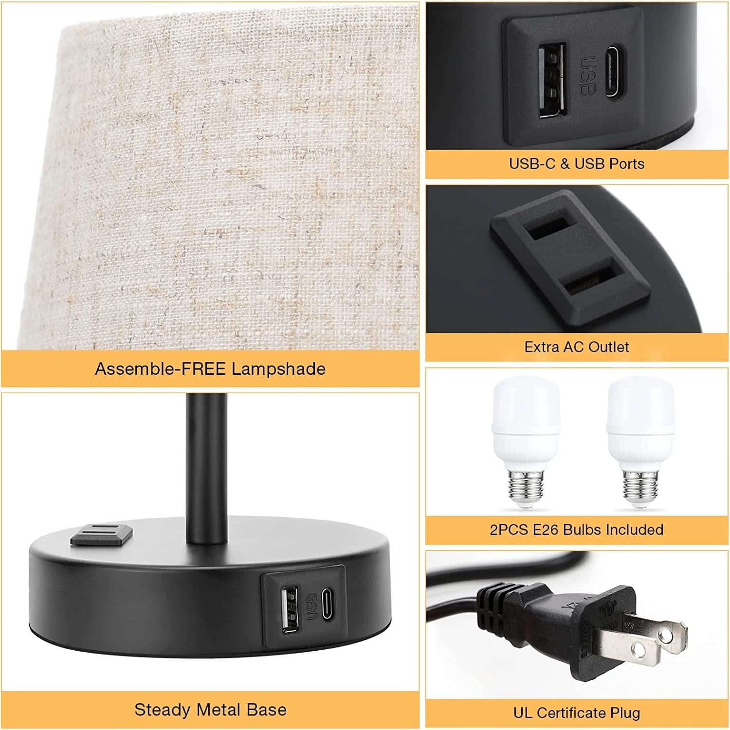 Set of 2 Mini Bedside Lamps With USB C And AC Outlets