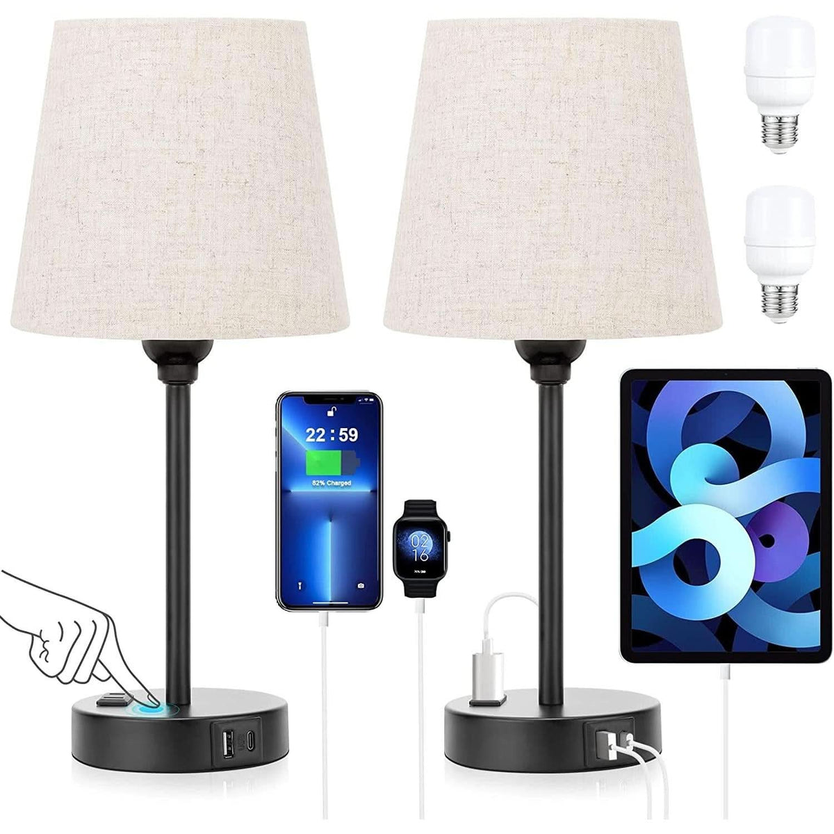 Set of 2 Mini Bedside Lamps With USB C And AC Outlets