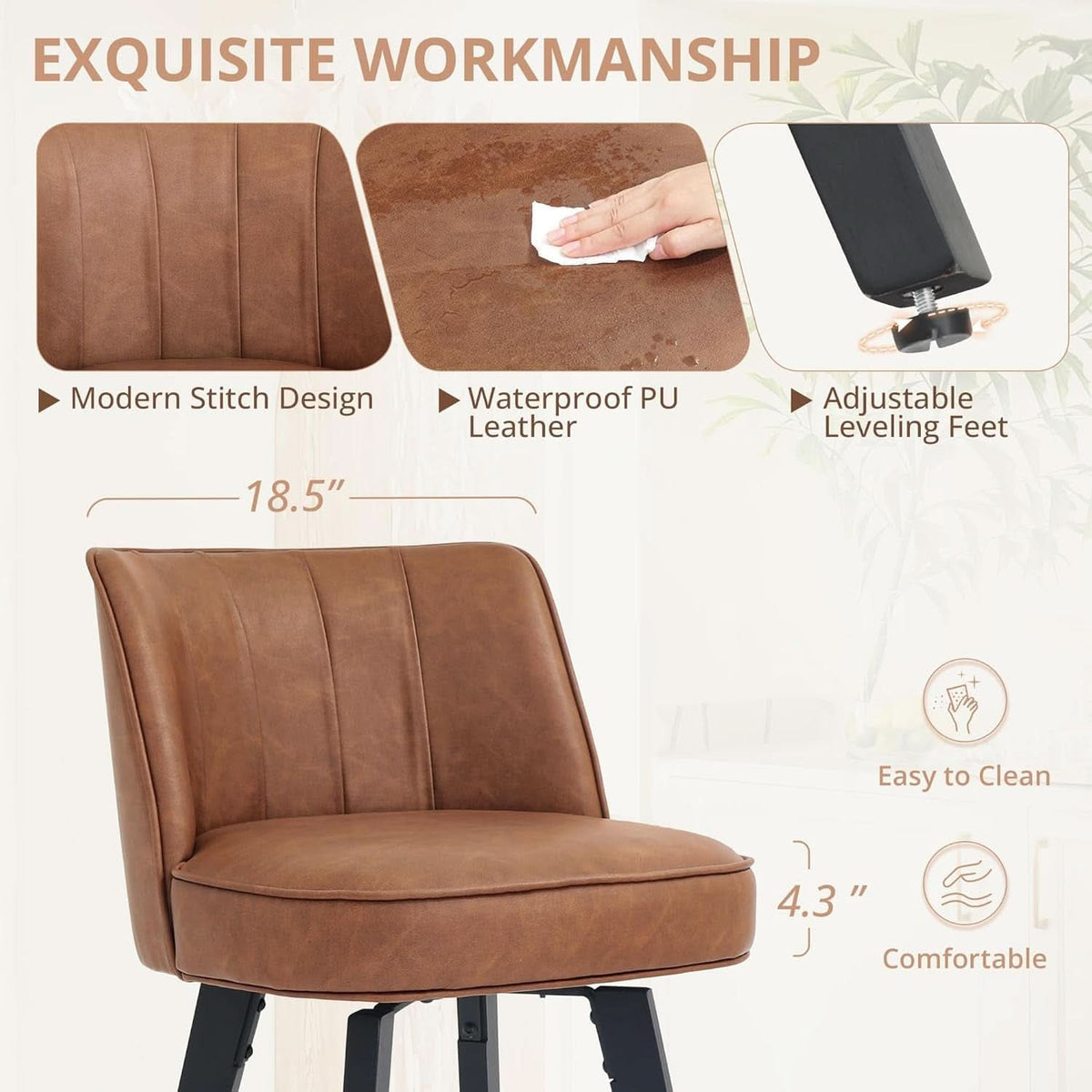 Set of 3 26 Inch Counter Height Bar Stools Swivel Wood Legs