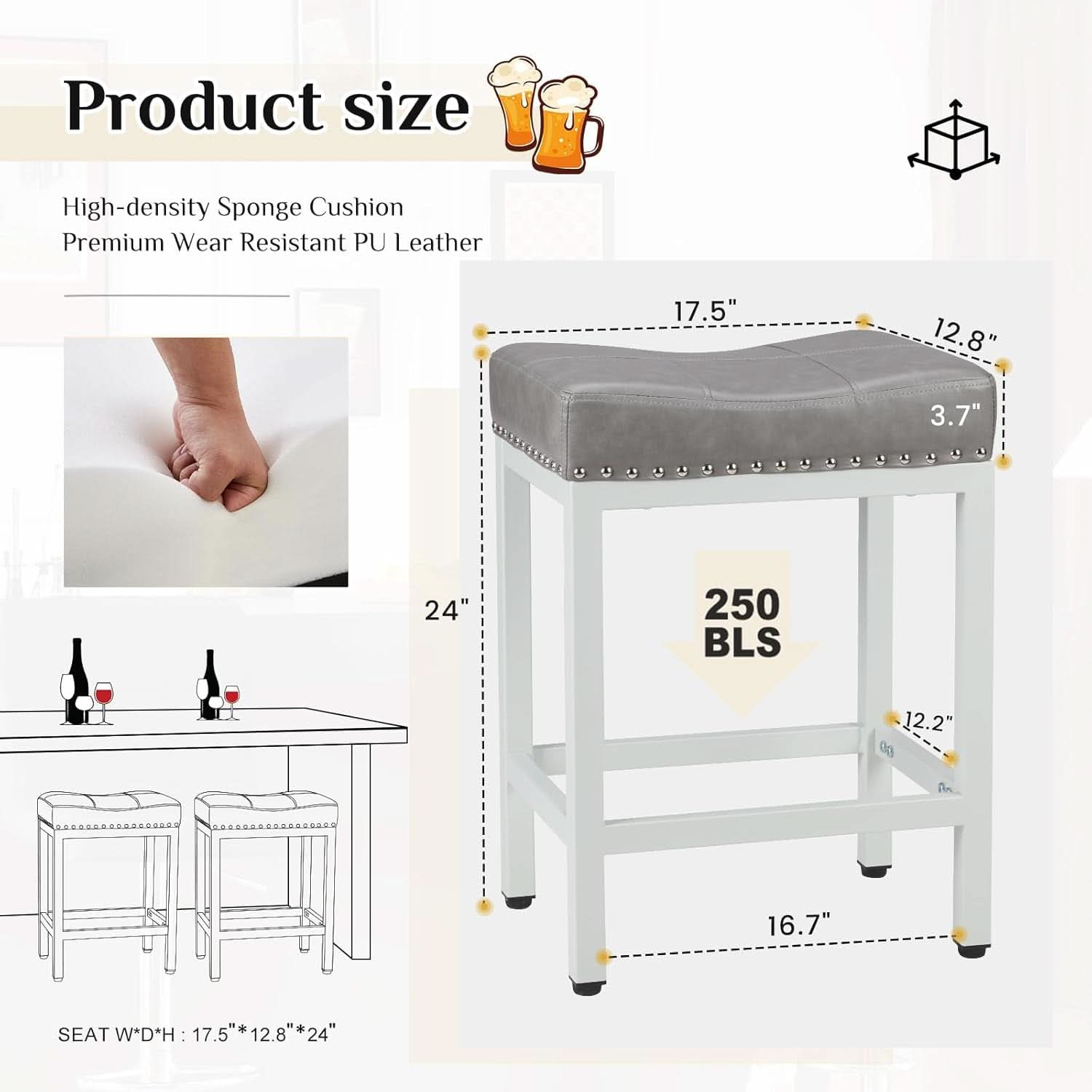 Set of Four 24 Inch Grey PU Leather Bar Stools