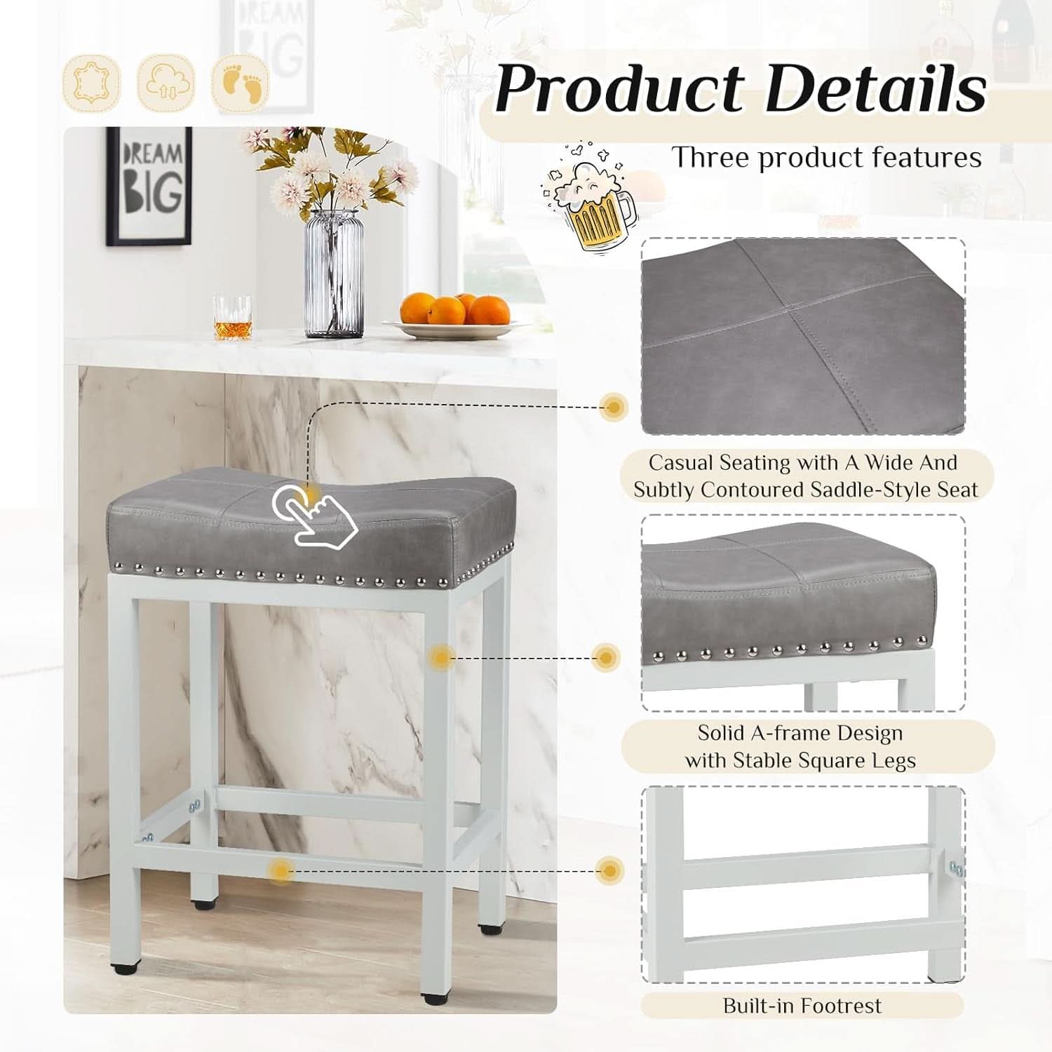 Set of Four 24 Inch Grey PU Leather Bar Stools