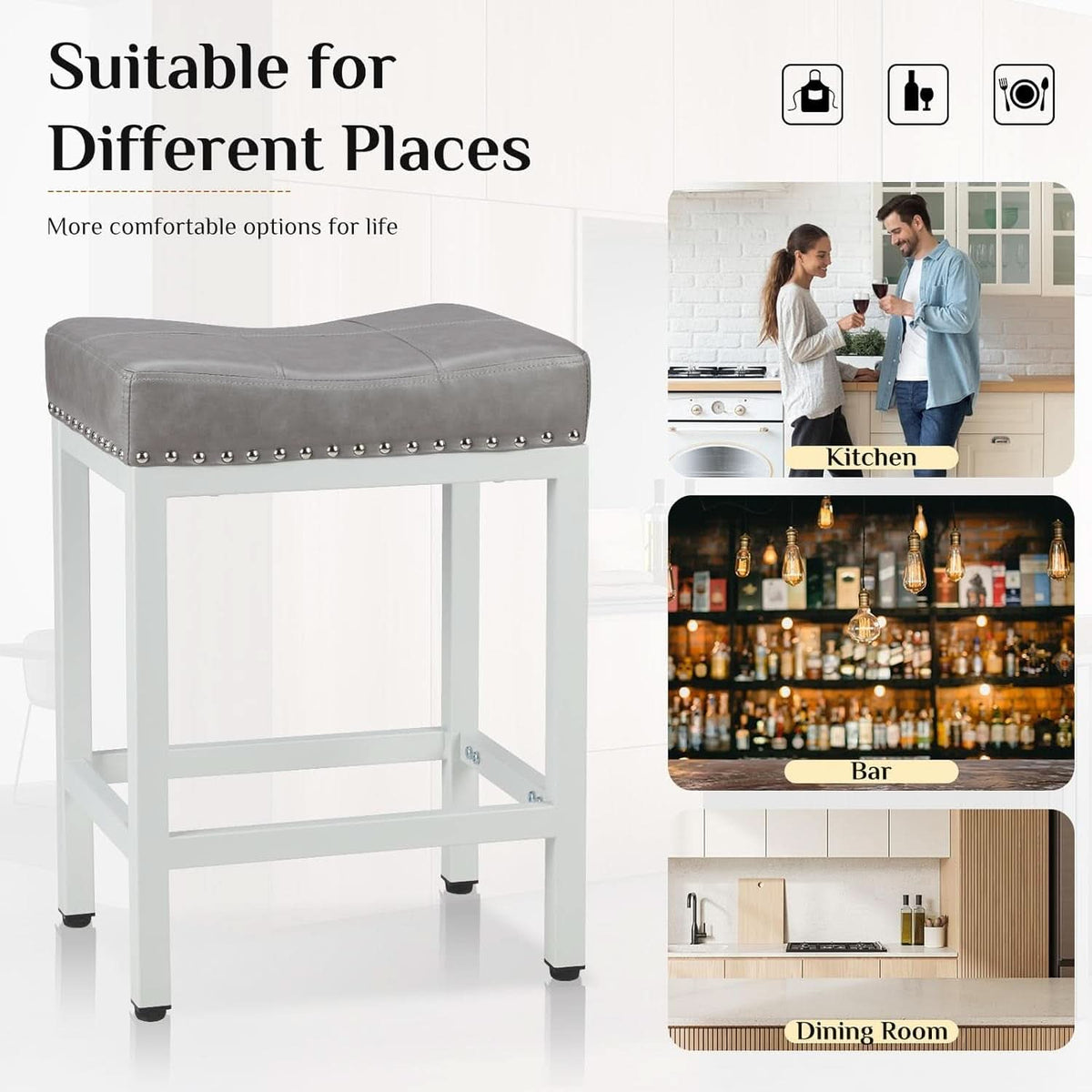 Set of Four 24 Inch Grey PU Leather Bar Stools