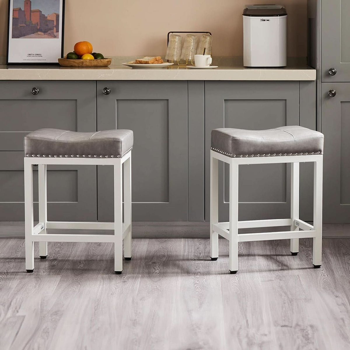 Set of Four 24 Inch Grey PU Leather Bar Stools