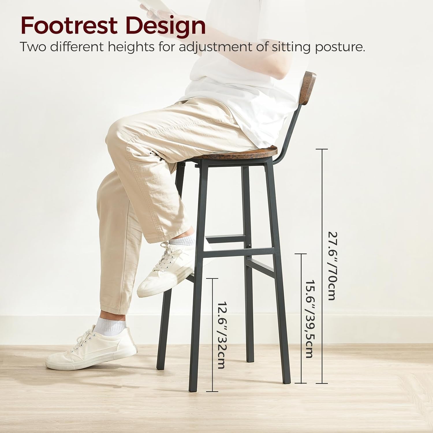 Set of Two Adjustable Round Bar Stools with Backrest